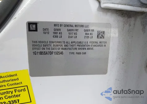 2013 Chevrolet Malibu 1Ls from USA, damaged, VIN 1G11B5SA7DF192546